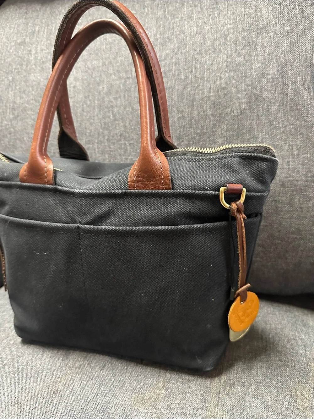 R. Riveter Dot Small Tote Bag in Black Washed Canvas + Brown Leather